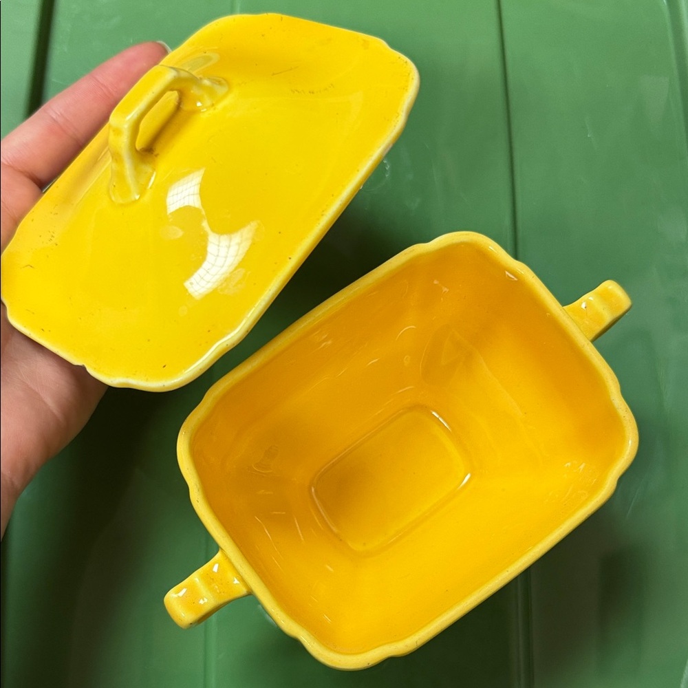 Vintage Bright Yellow Ceramic Dish with Lid